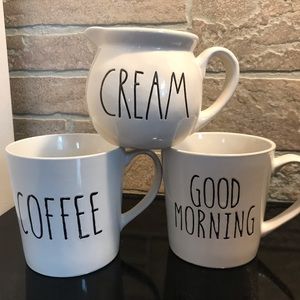 Rae Dunn creamer, and 2 “faux Rae Dunn” coffee cups